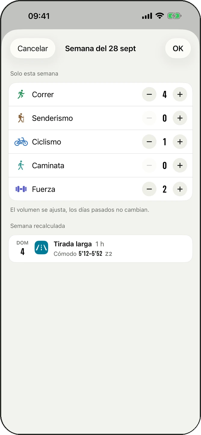 Modificar la semana: número de sesiones por actividad