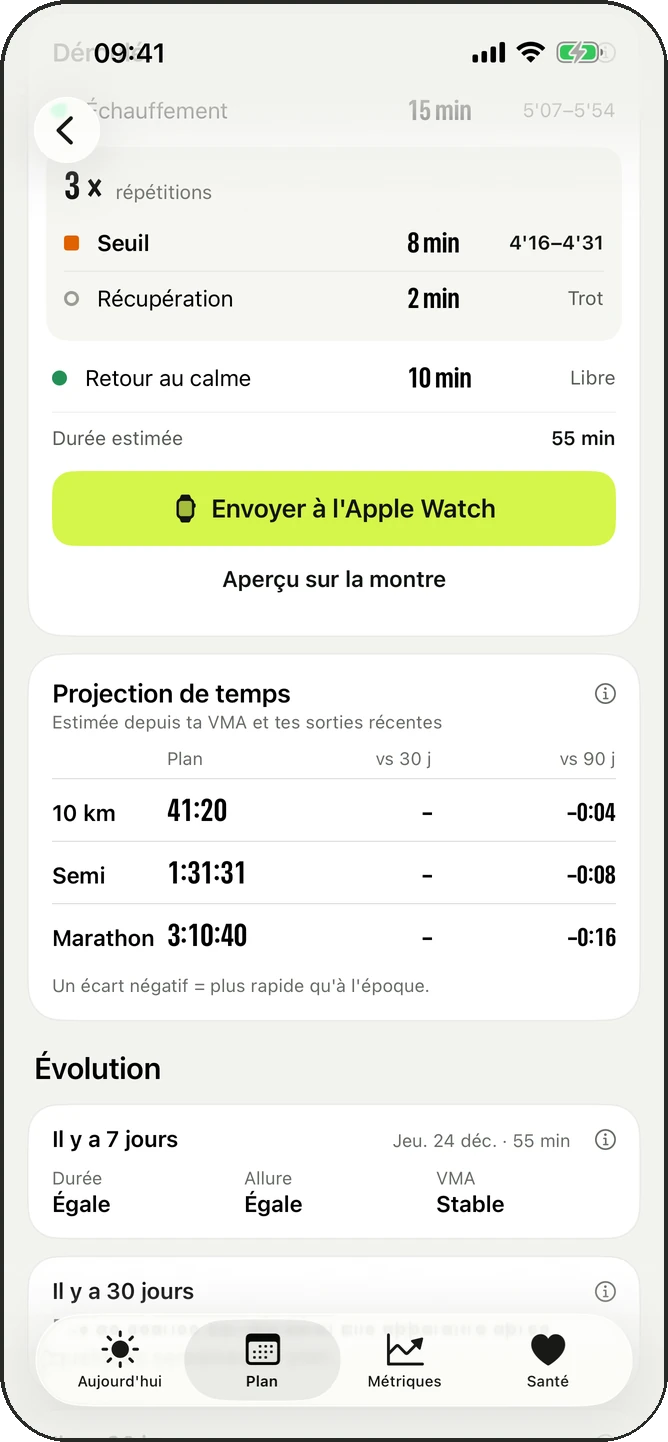 Envoi de la séance à l'Apple Watch
